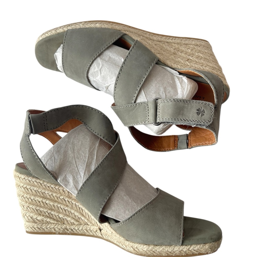 Lucky Brand Mendona Wedge Sandal Women's Shoes Sz 7.5M Grey Leather Espadrille